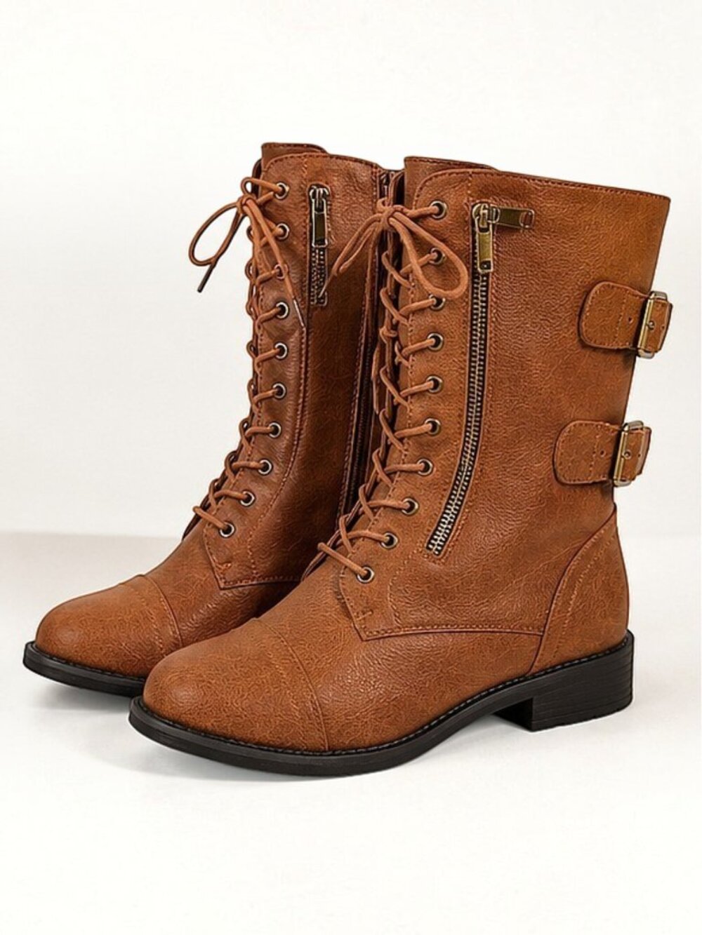 Top Moda Cognac Mid-Calf Dual Zip Lace Up Buckle Moto Tan Combat Boots